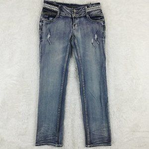 Virgin Only Womens Jeans Straight Leg Blue Denim Jeweled‎ Studded Stone Wash 30